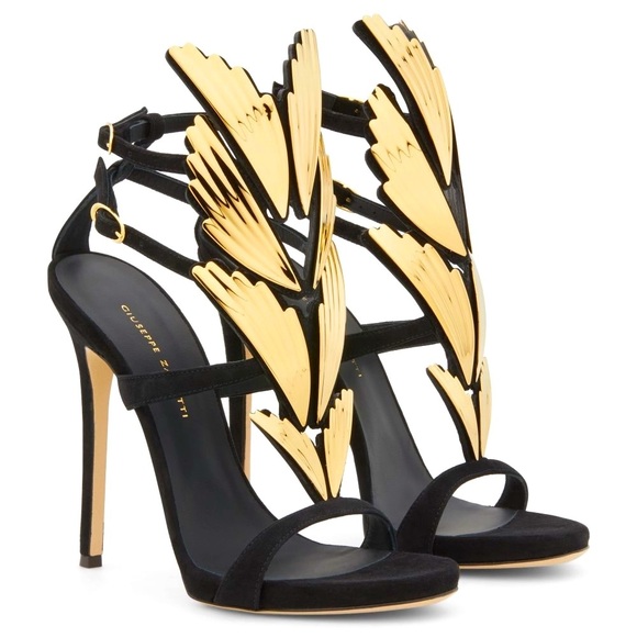 Giuseppe Zannoti Black Suede Leather Gold Wings Cruel 2.0 High Heel Sandals EU41 - Picture 1 of 12